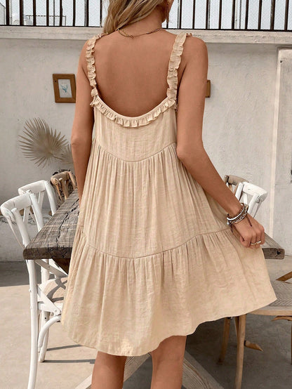 Swim Vcay Women's Summer Beach Khaki Boho Sleeveless Frill Trim Tie-Up Coverup Dress,Elegant Casual Holiday Vacation Country-Style Party Music Festival Outfits