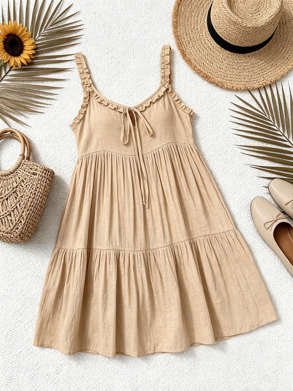 Swim Vcay Women's Summer Beach Khaki Boho Sleeveless Frill Trim Tie-Up Coverup Dress,Elegant Casual Holiday Vacation Country-Style Party Music Festival Outfits