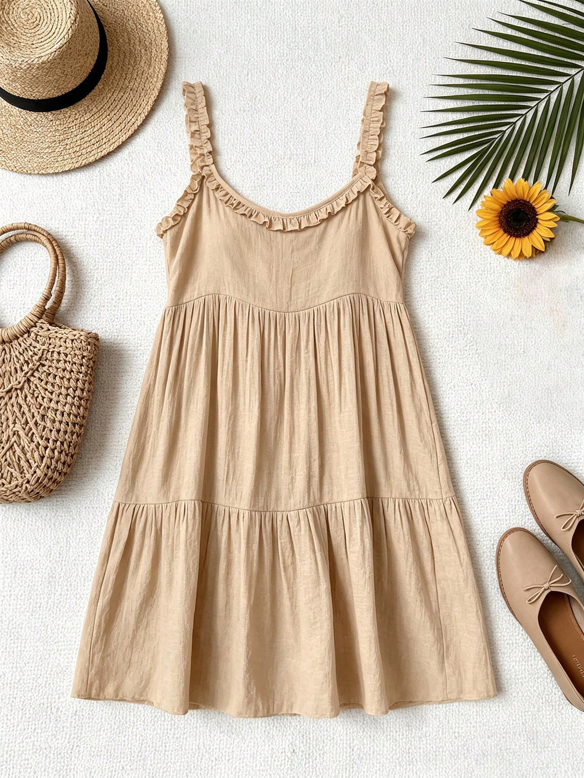 Swim Vcay Women's Summer Beach Khaki Boho Sleeveless Frill Trim Tie-Up Coverup Dress,Elegant Casual Holiday Vacation Country-Style Party Music Festival Outfits