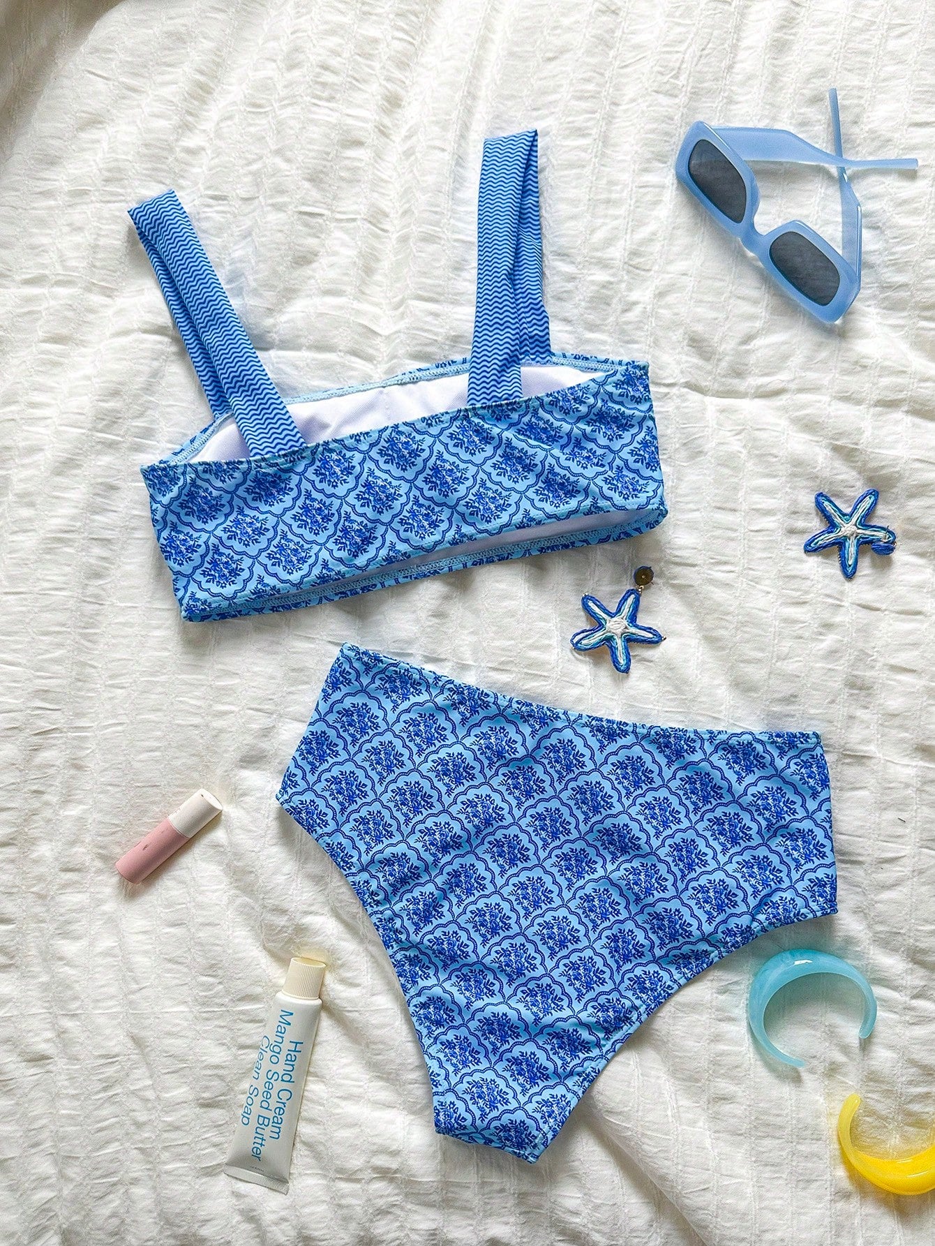 Swim Vcay Women's Summer Blue Plaid Shoulder Strap Sexy Beach Vacation Swimsuit Set