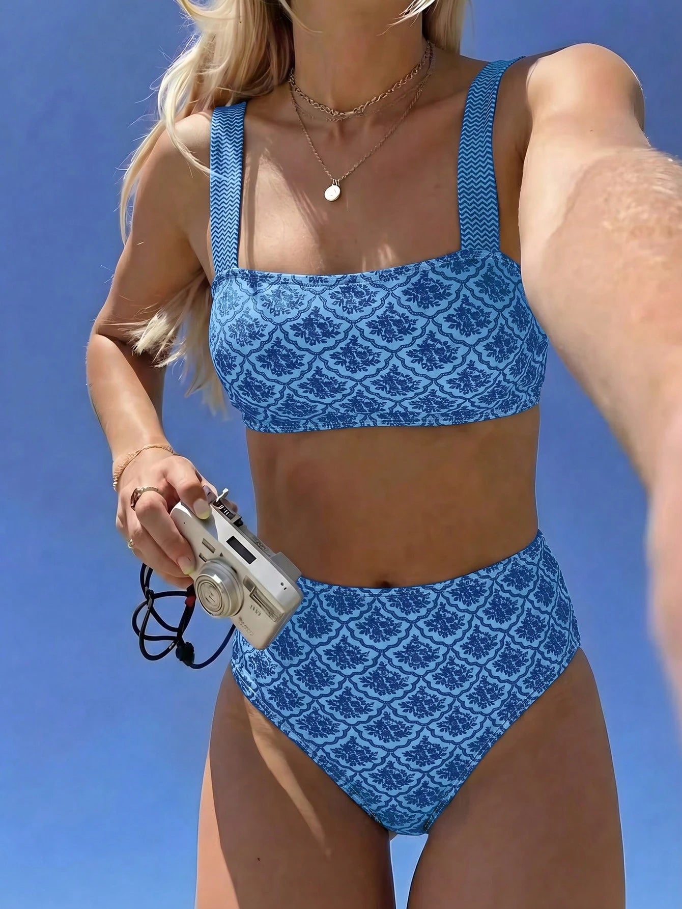 Swim Vcay Women's Summer Blue Plaid Shoulder Strap Sexy Beach Vacation Swimsuit Set