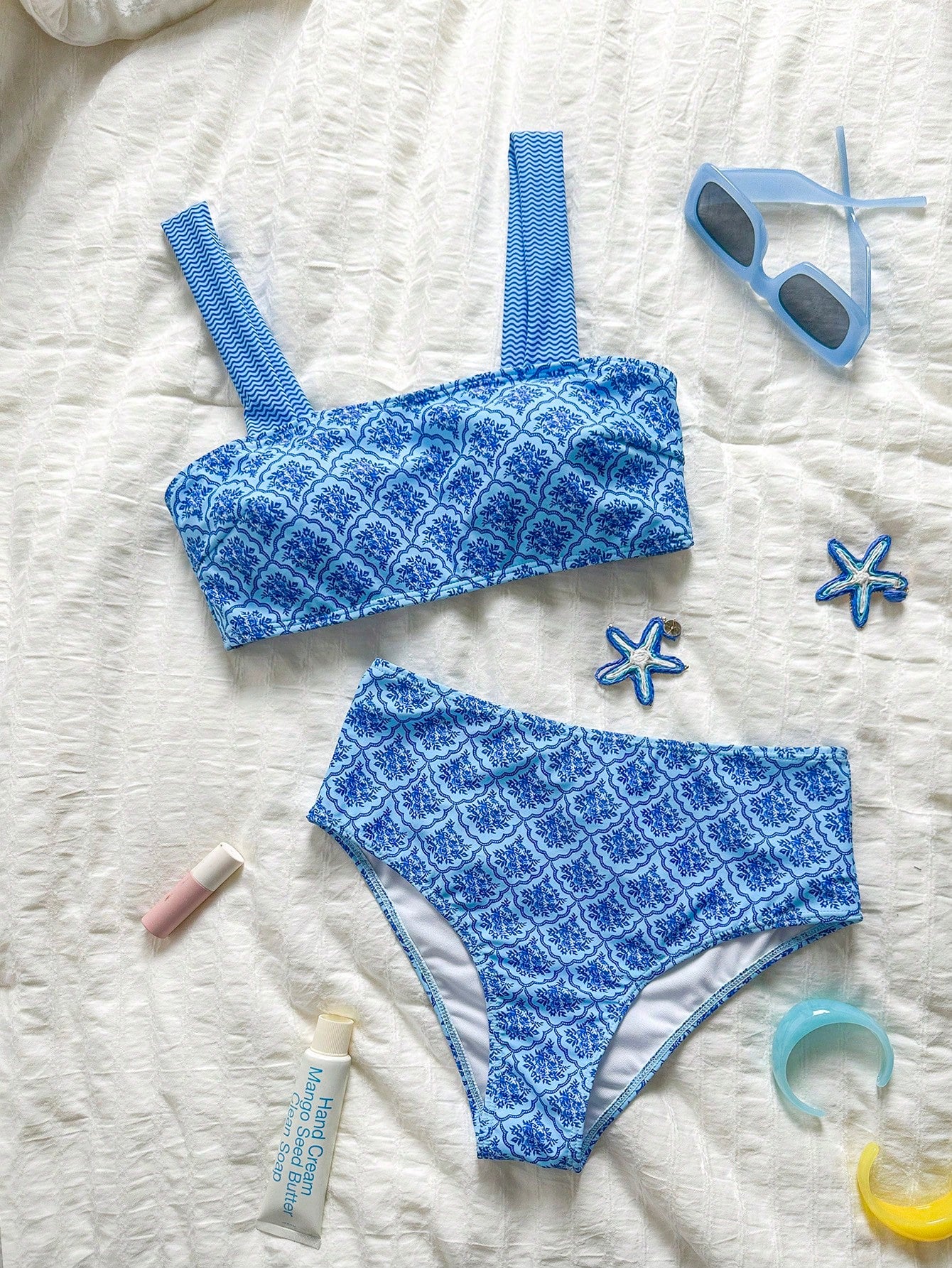 Swim Vcay Women's Summer Blue Plaid Shoulder Strap Sexy Beach Vacation Swimsuit Set