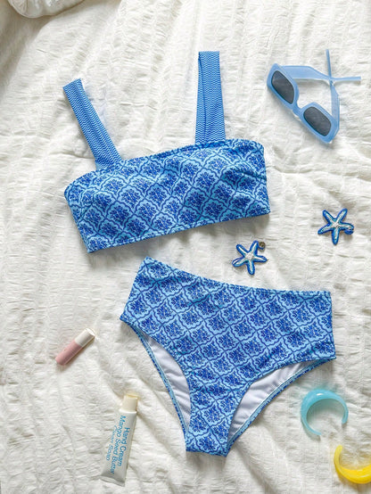 Swim Vcay Women's Summer Blue Plaid Shoulder Strap Sexy Beach Vacation Swimsuit Set