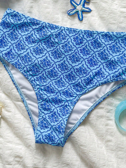 Swim Vcay Women's Summer Blue Plaid Shoulder Strap Sexy Beach Vacation Swimsuit Set