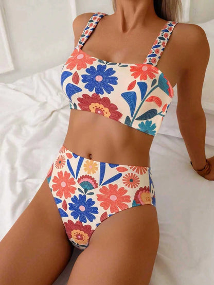 Swim Vcay Women's Summer Blue Plaid Shoulder Strap Sexy Beach Vacation Swimsuit Set