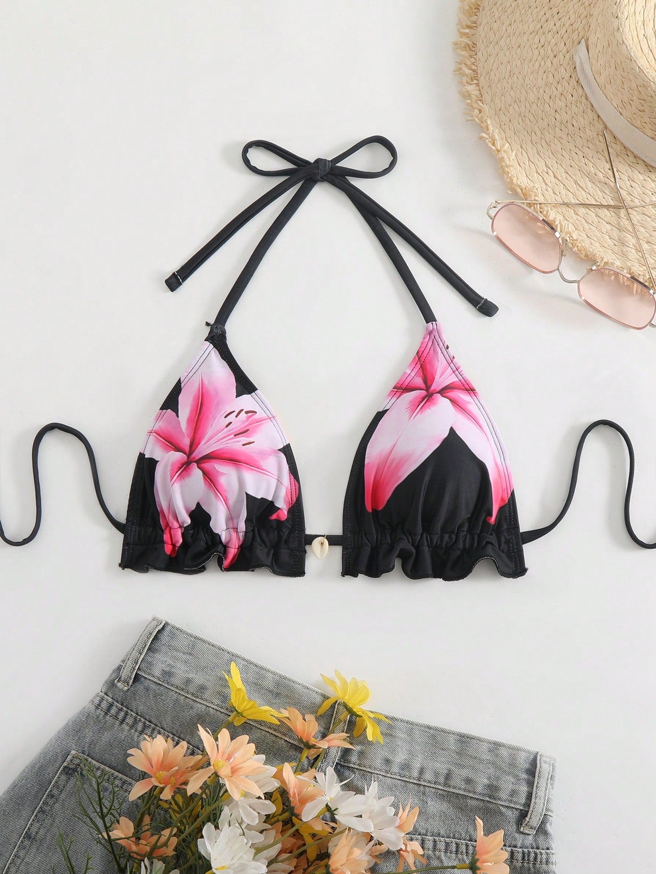 Swim Vcay Women's Swimwear Top, Lotus Floral Printed, Sexy Halter Triangle Bikini Swimsuit For Summer Beach Vacation