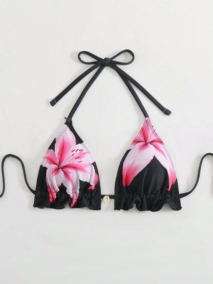 Swim Vcay Women's Swimwear Top, Lotus Floral Printed, Sexy Halter Triangle Bikini Swimsuit For Summer Beach Vacation