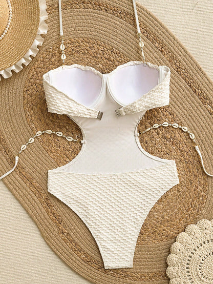 Swim Vcay Women's Textured Waist Cutout Shell Button Decor One-Piece Swimsuit, Suitable For Casual Vacation