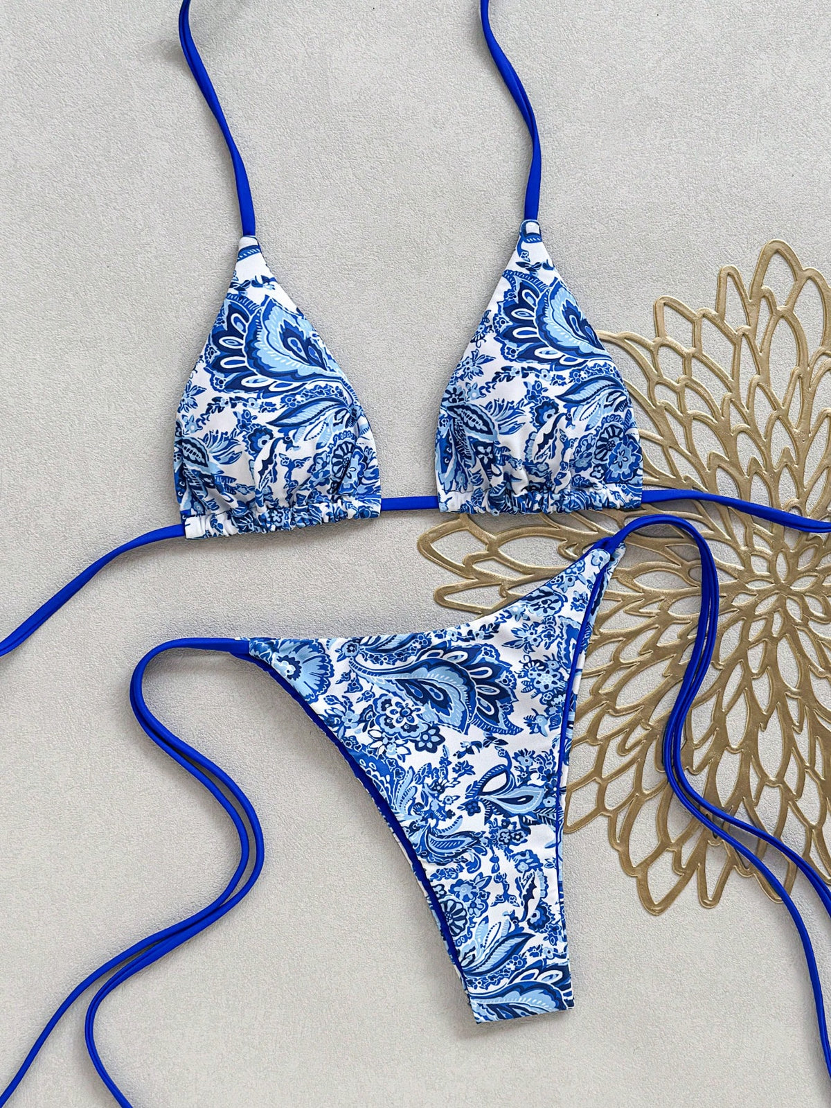 Swim Vcay Women's Triangle Cup Paisley Print Bikini Tie Halter Neck Sexy Two-Piece Swimsuit Set