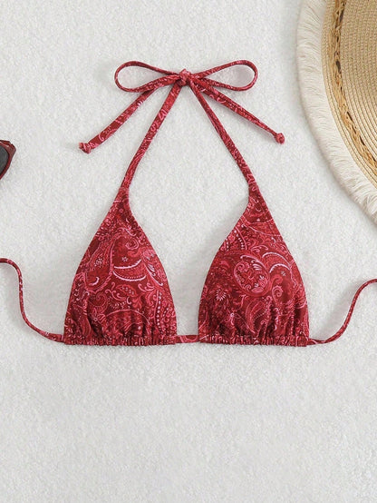Swim Vcay Women's Tropical Print Halter Neck Triangle Cup Bikini Top Swimwear, Leisure & Holiday For Summer Beach Vacation