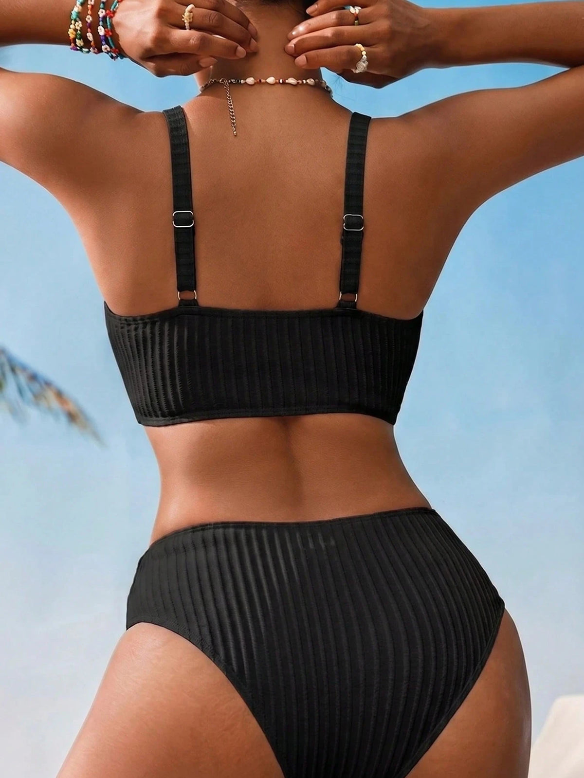Swim Vcay Women's V-Neck Shoulder Strap Backless Black Bikini Set Beach Vacation Summer Sexy