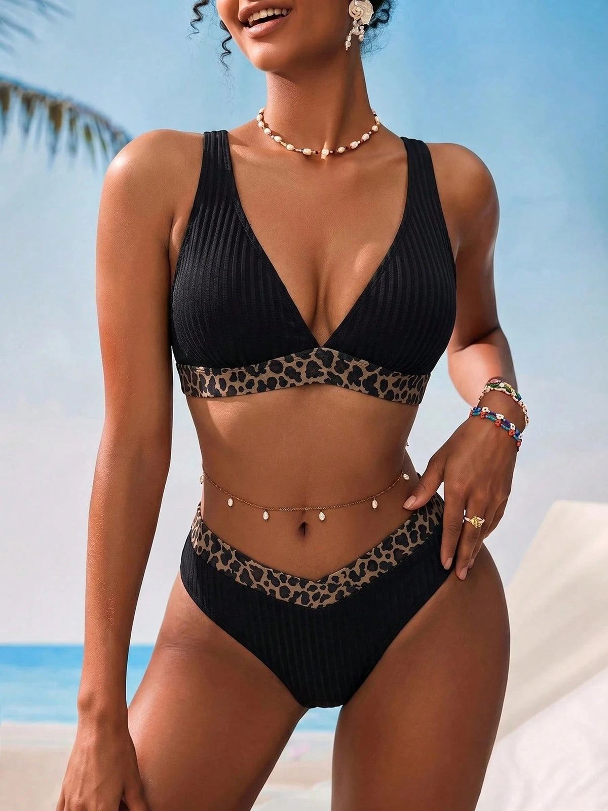 Swim Vcay Women's V-Neck Shoulder Strap Backless Black Bikini Set Beach Vacation Summer Sexy