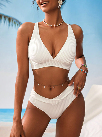 Swim Vcay Women's V-Neck Shoulder Strap Backless Black Bikini Set Beach Vacation Summer Sexy