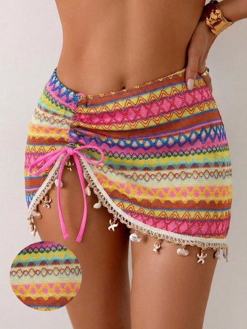 Swim Vcay Women's Vacation Beach Colorful Striped Pendant Decorated Coverup & Skirt Set, Bikini Cover Ups Skirt