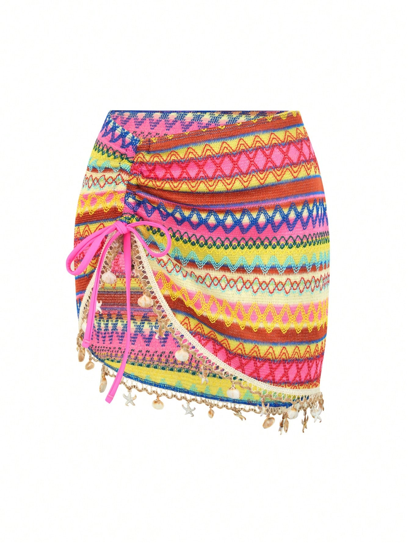 Swim Vcay Women's Vacation Beach Colorful Striped Pendant Decorated Coverup & Skirt Set, Bikini Cover Ups Skirt