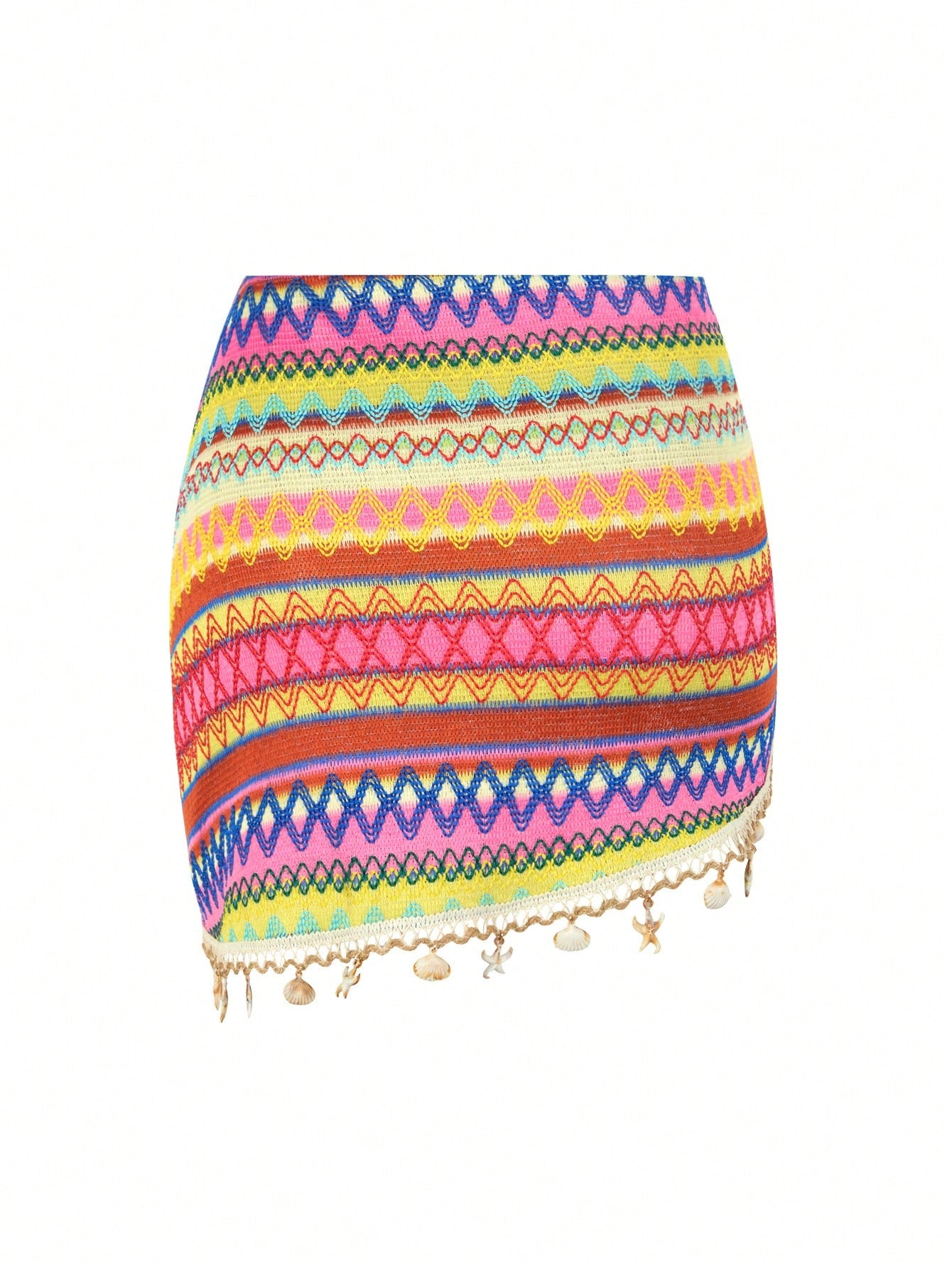 Swim Vcay Women's Vacation Beach Colorful Striped Pendant Decorated Coverup & Skirt Set, Bikini Cover Ups Skirt