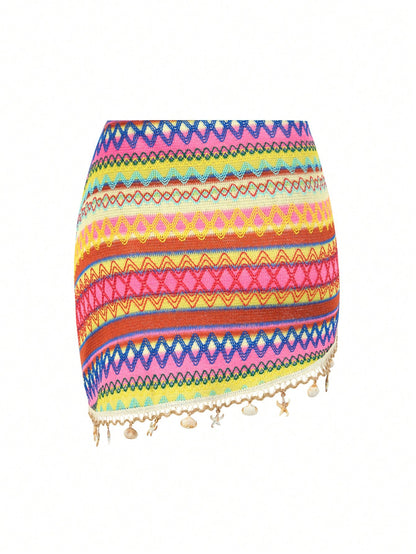 Swim Vcay Women's Vacation Beach Colorful Striped Pendant Decorated Coverup & Skirt Set, Bikini Cover Ups Skirt