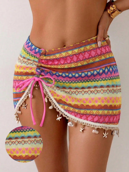 Swim Vcay Women's Vacation Beach Colorful Striped Pendant Decorated Coverup & Skirt Set, Bikini Cover Ups Skirt