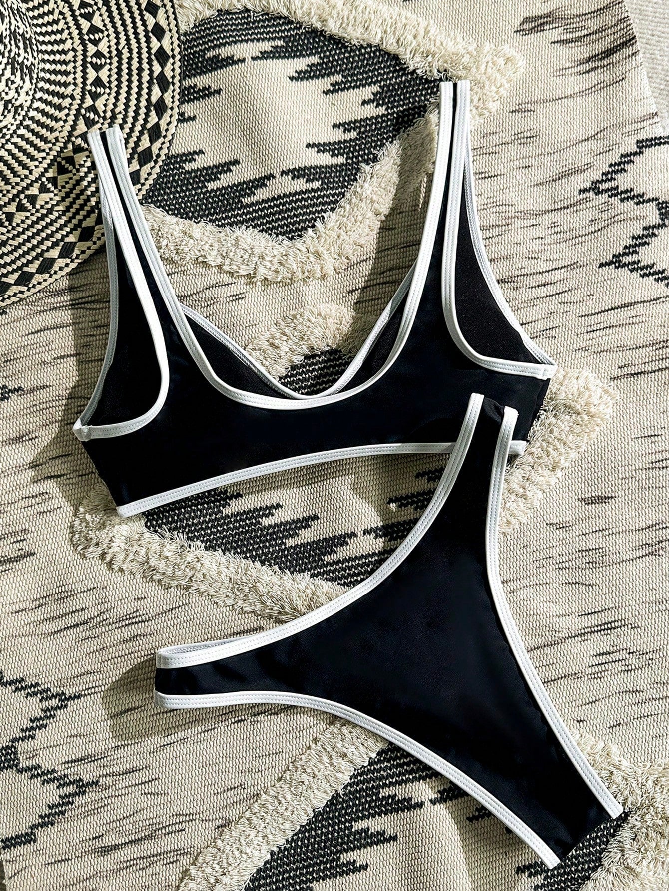 Swim Vcay Women's White Trim Design High Slit Triangle Bikini Set, Beach Vacation
