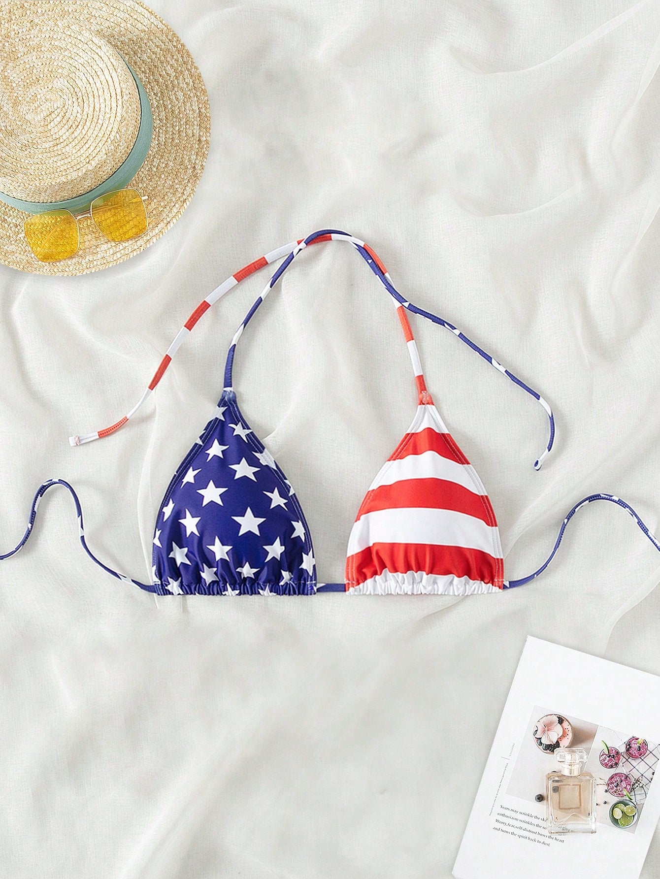 Swim Vcay Women Summer Beach American USA Flag Printed 4th Of July Halter Neck Bikini Top For Vacation, Random Print