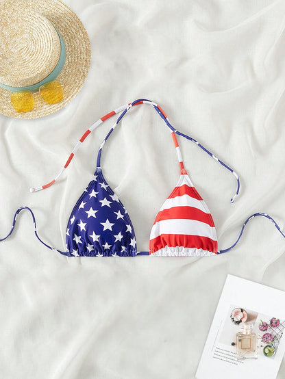 Swim Vcay Women Summer Beach American USA Flag Printed 4th Of July Halter Neck Bikini Top For Vacation, Random Print