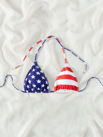 Swim Vcay Women Summer Beach American USA Flag Printed 4th Of July Halter Neck Bikini Top For Vacation, Random Print