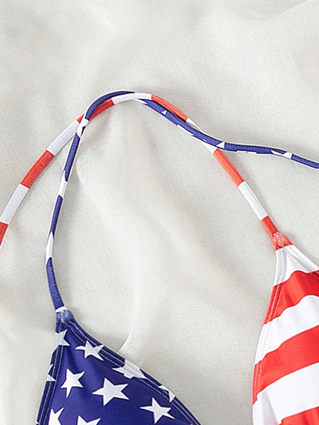 Swim Vcay Women Summer Beach American USA Flag Printed 4th Of July Halter Neck Bikini Top For Vacation, Random Print