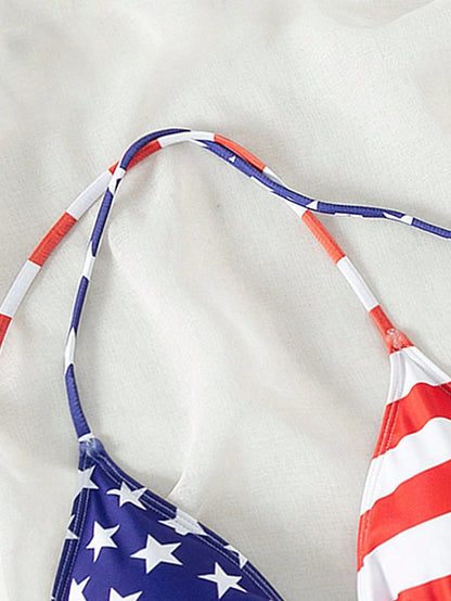 Swim Vcay Women Summer Beach American USA Flag Printed 4th Of July Halter Neck Bikini Top For Vacation, Random Print