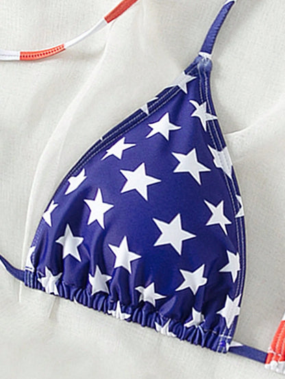 Swim Vcay Women Summer Beach American USA Flag Printed 4th Of July Halter Neck Bikini Top For Vacation, Random Print