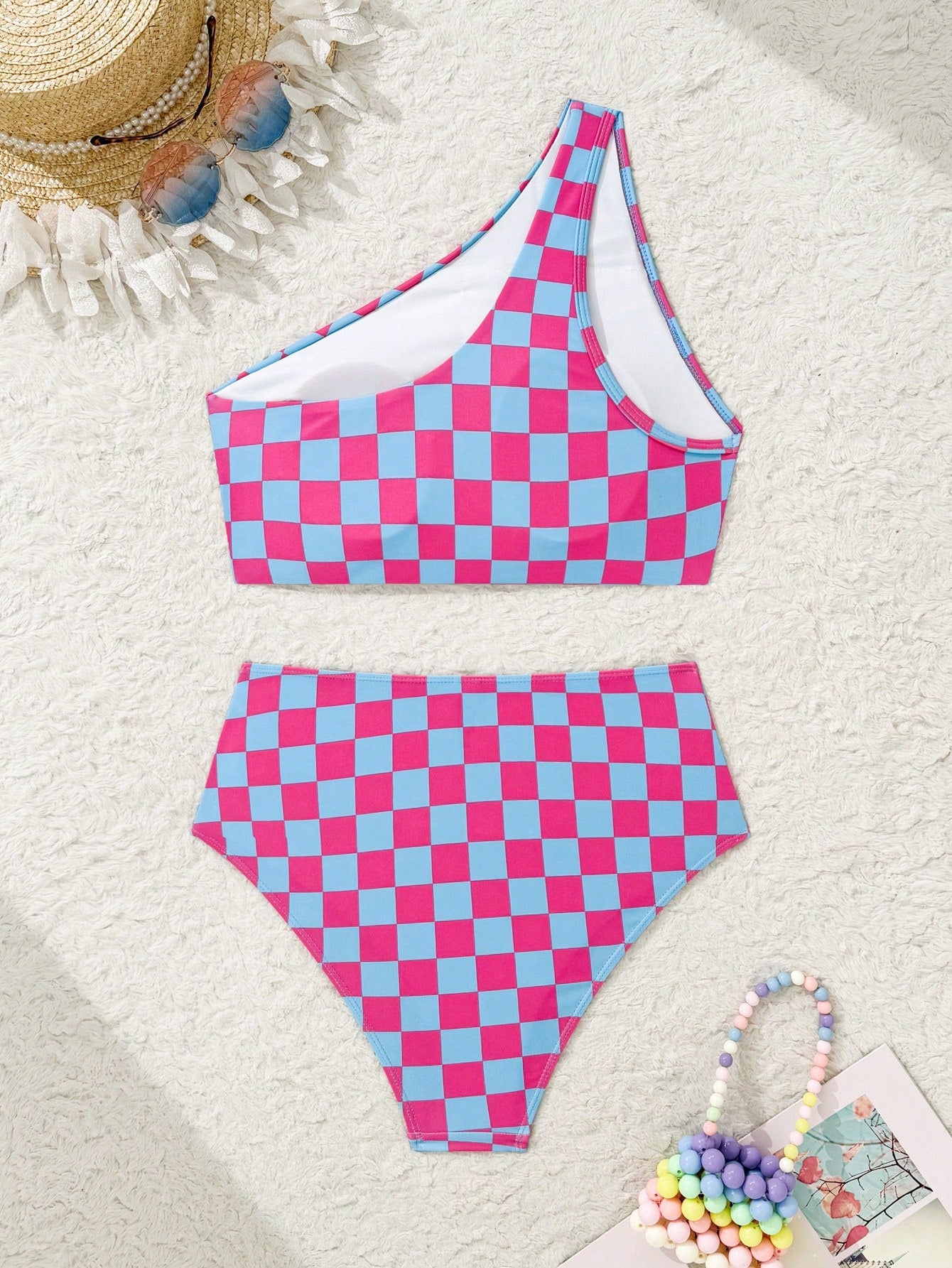 Swim Women Checkerboard Print One Shoulder Bikini Swimsuit Set (Random Print) For Summer Beach Vacation