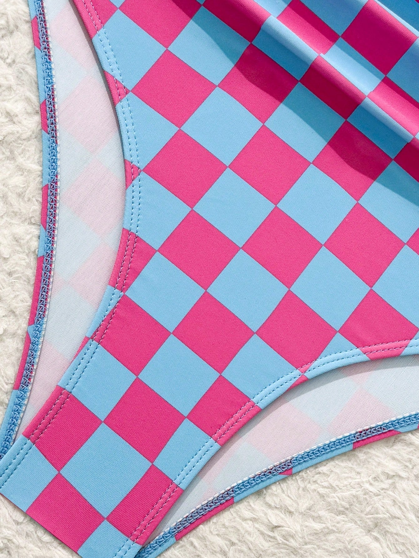 Swim Women Checkerboard Print One Shoulder Bikini Swimsuit Set (Random Print) For Summer Beach Vacation