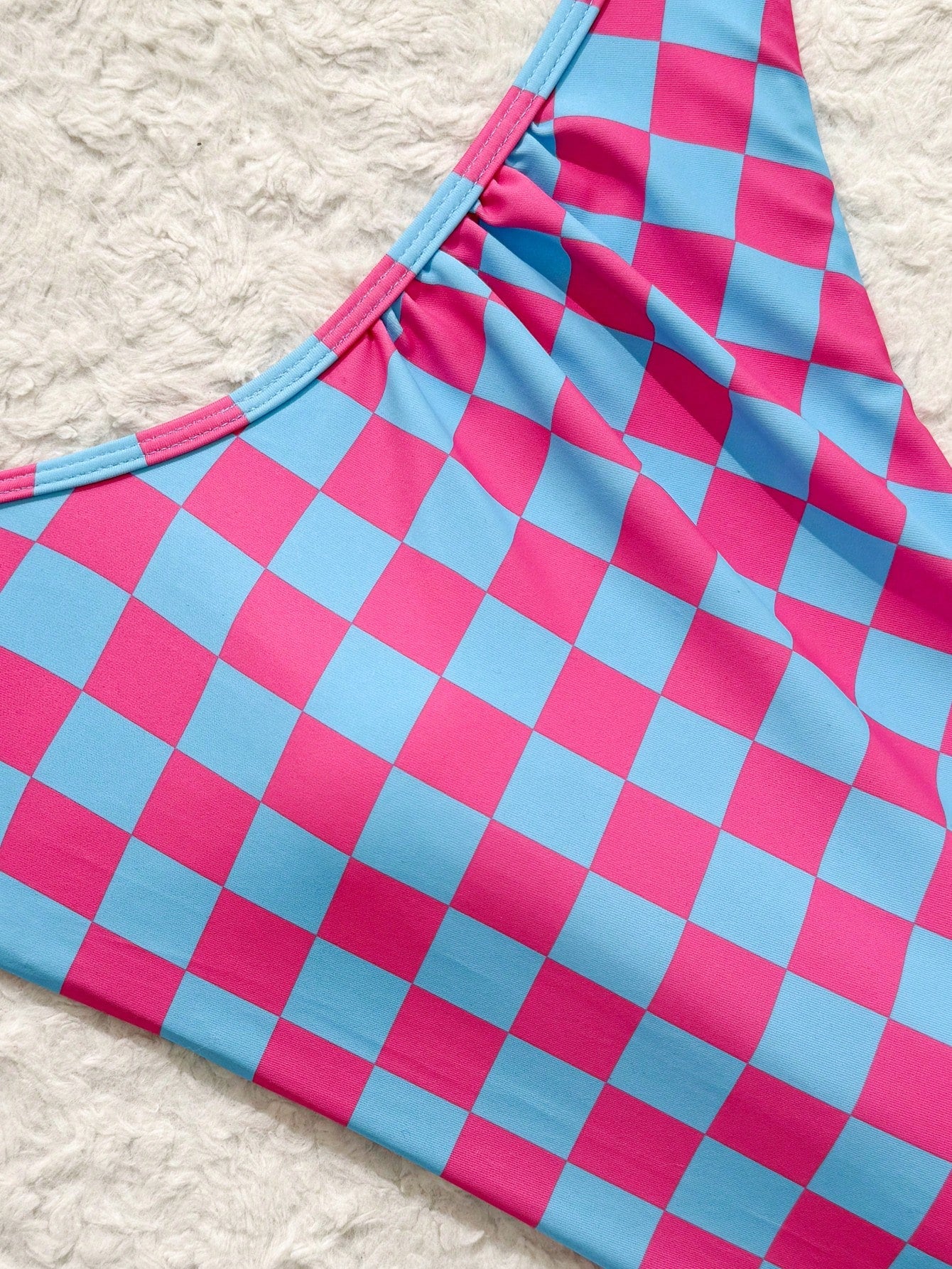 Swim Women Checkerboard Print One Shoulder Bikini Swimsuit Set (Random Print) For Summer Beach Vacation