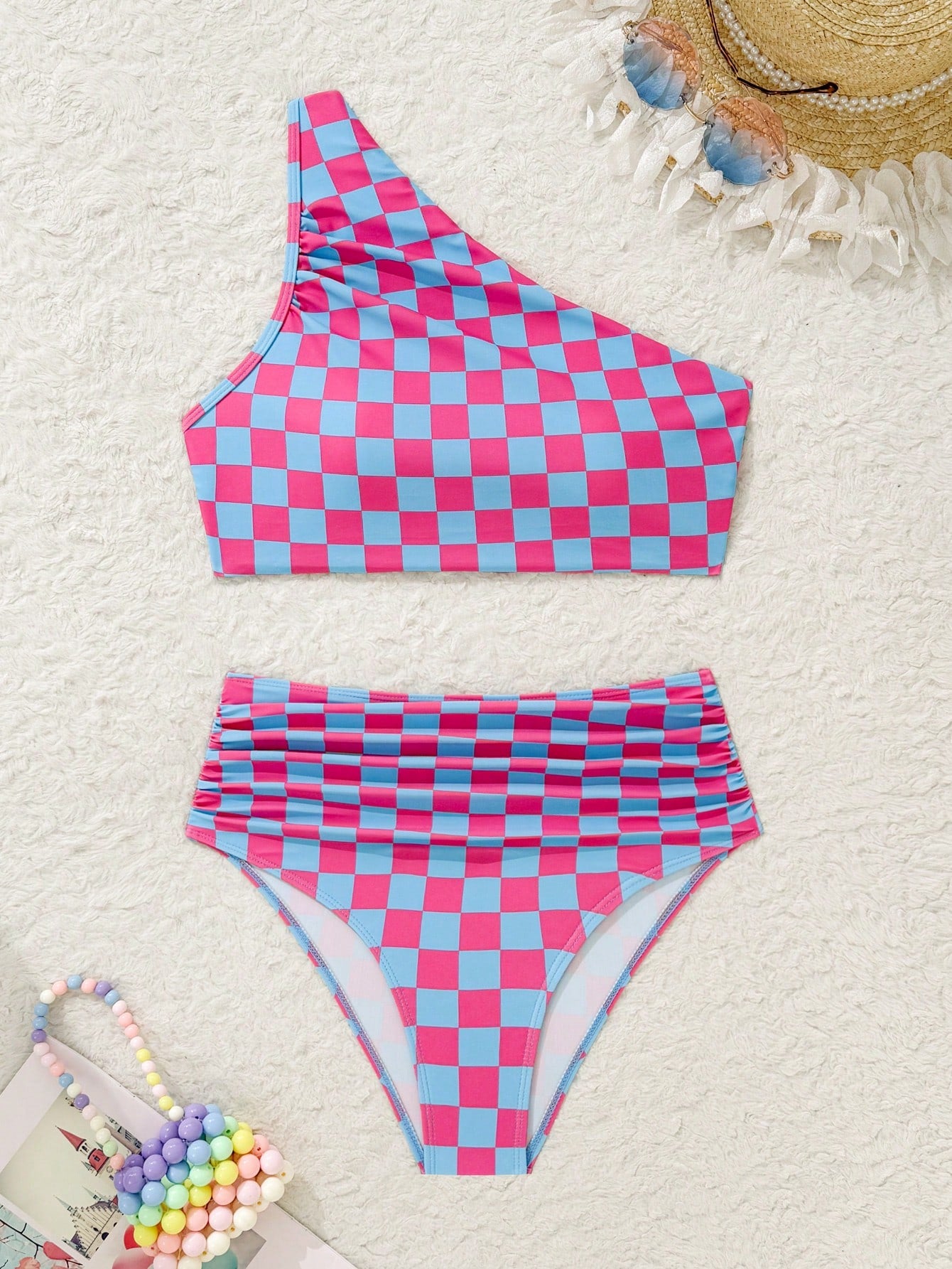 Swim Women Checkerboard Print One Shoulder Bikini Swimsuit Set (Random Print) For Summer Beach Vacation