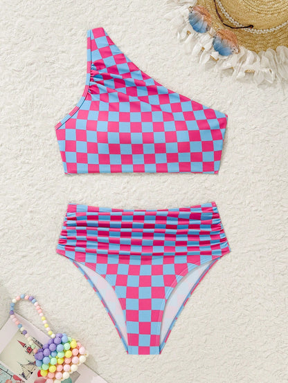 Swim Women Checkerboard Print One Shoulder Bikini Swimsuit Set (Random Print) For Summer Beach Vacation