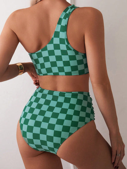 Swim Women Checkerboard Print One Shoulder Bikini Swimsuit Set (Random Print) For Summer Beach Vacation