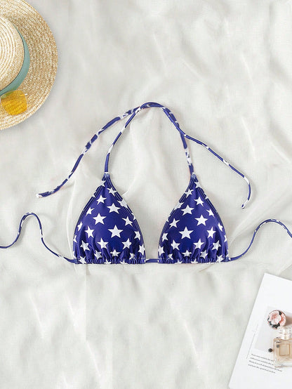 Swim Women's Sexy Crisscross Halter Neck Bikini Top With Random Star Print, Summer Beach