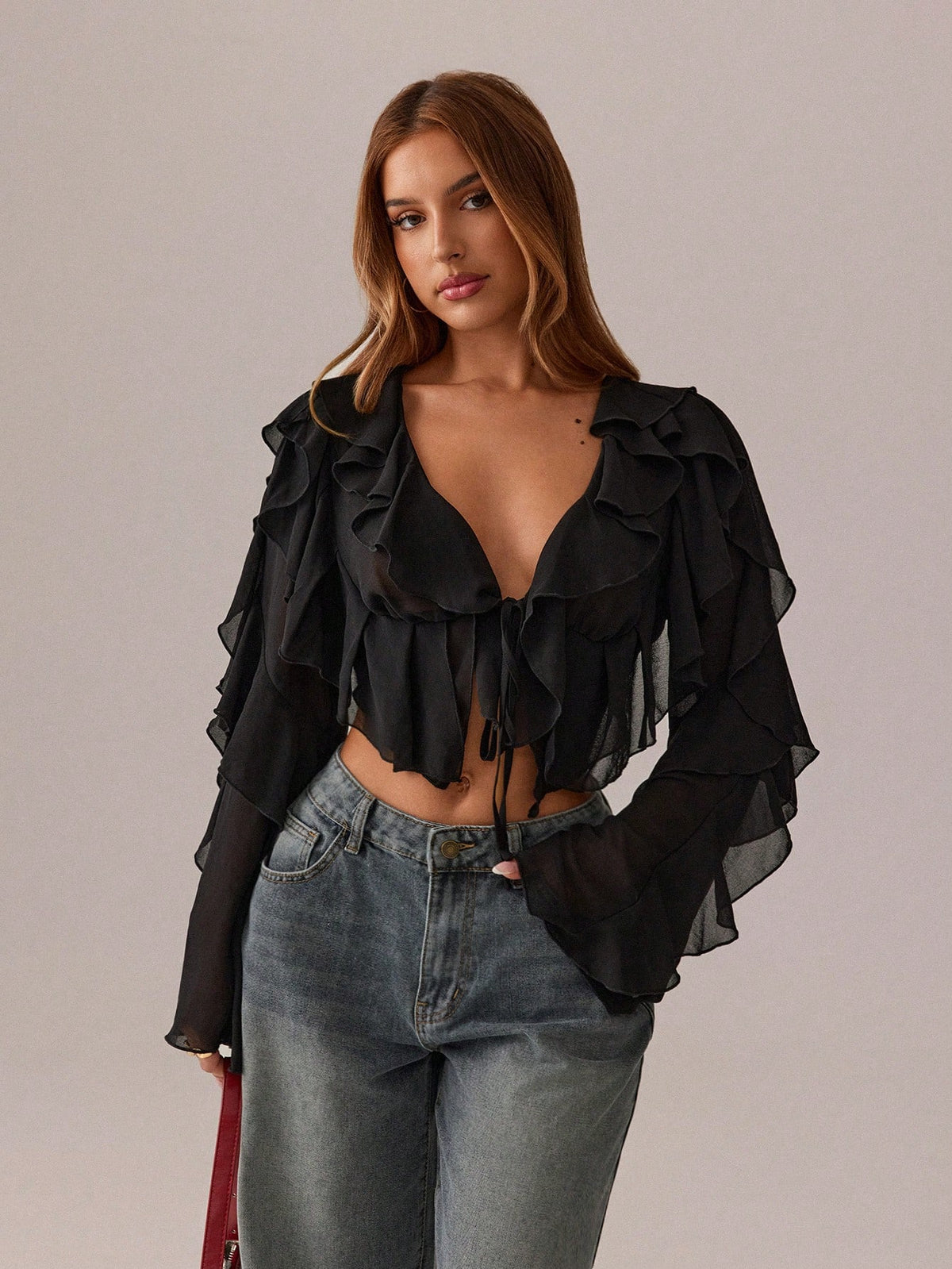 SXY Black Top Summer Women Clothes Crop Tops Holiday Costume Party Date Night Night Out Gathering Mesh See-Through Lotus Leaf Strap Deep V Neck Shirt Sexy