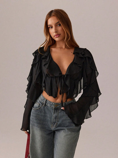 SXY Black Top Summer Women Clothes Crop Tops Holiday Costume Party Date Night Night Out Gathering Mesh See-Through Lotus Leaf Strap Deep V Neck Shirt Sexy
