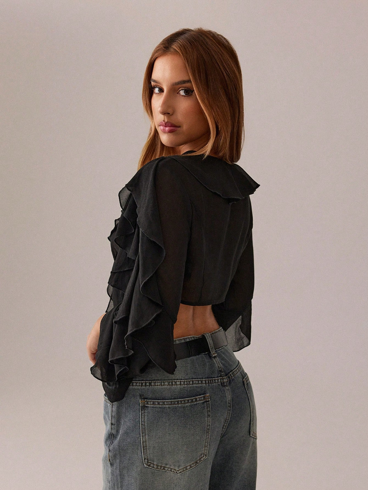 SXY Black Top Summer Women Clothes Crop Tops Holiday Costume Party Date Night Night Out Gathering Mesh See-Through Lotus Leaf Strap Deep V Neck Shirt Sexy