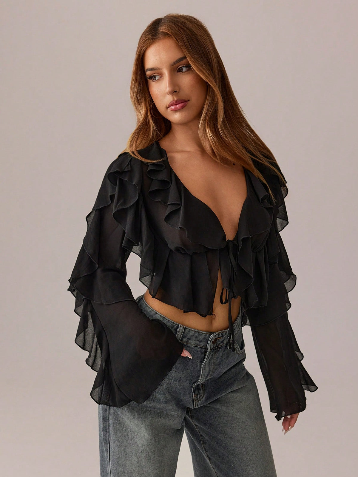 SXY Black Top Summer Women Clothes Crop Tops Holiday Costume Party Date Night Night Out Gathering Mesh See-Through Lotus Leaf Strap Deep V Neck Shirt Sexy