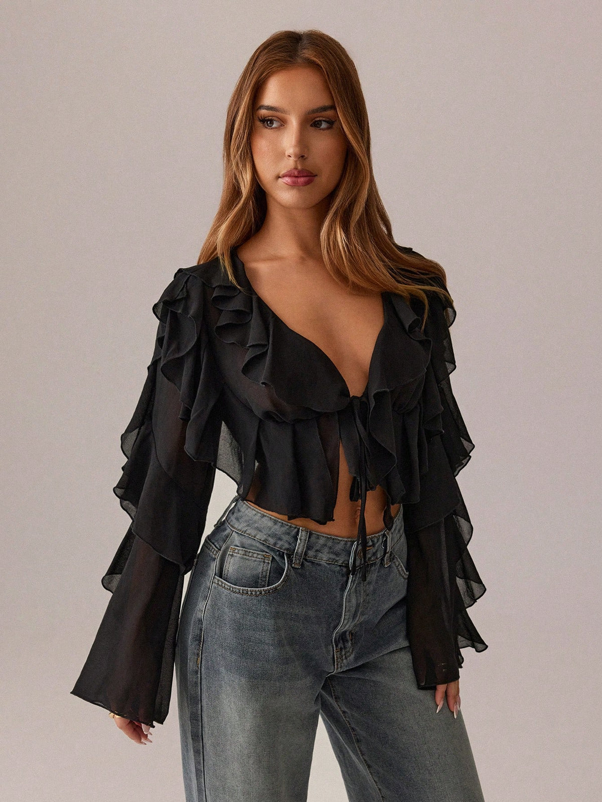 SXY Black Top Summer Women Clothes Crop Tops Holiday Costume Party Date Night Night Out Gathering Mesh See-Through Lotus Leaf Strap Deep V Neck Shirt Sexy
