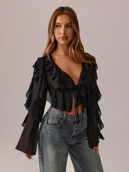 SXY Black Top Summer Women Clothes Crop Tops Holiday Costume Party Date Night Night Out Gathering Mesh See-Through Lotus Leaf Strap Deep V Neck Shirt Sexy