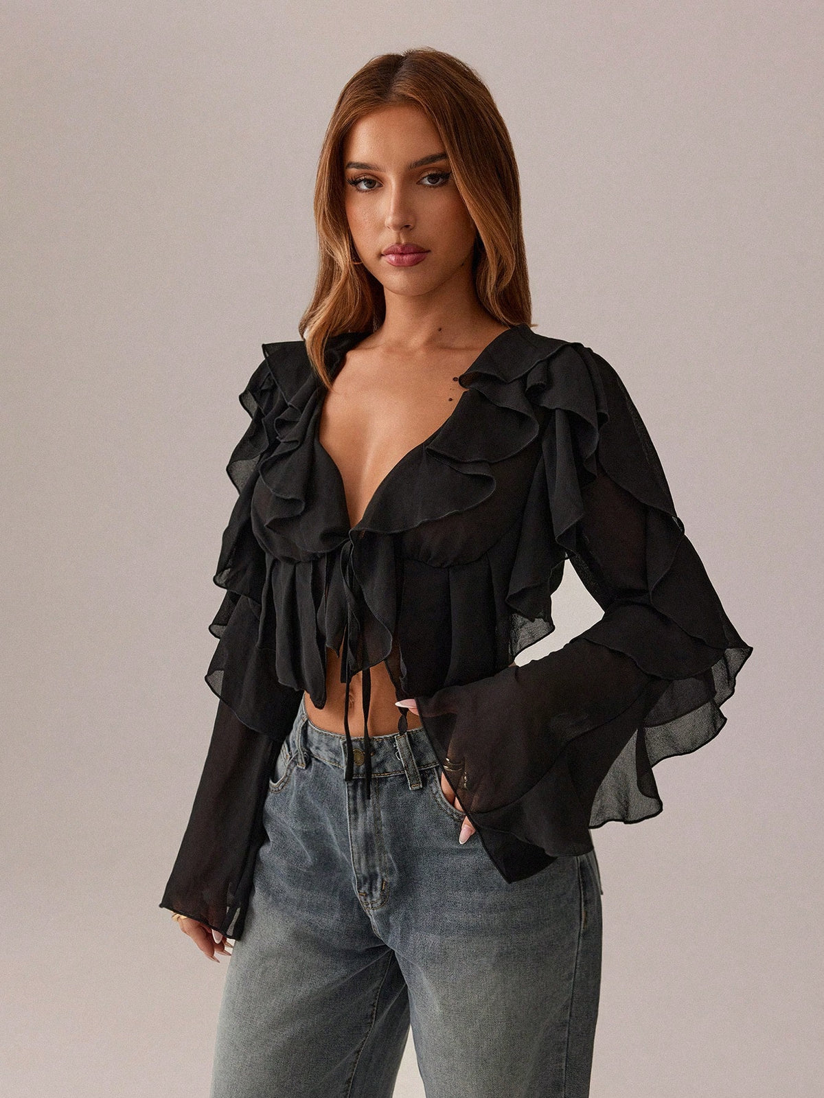 SXY Black Top Summer Women Clothes Crop Tops Holiday Costume Party Date Night Night Out Gathering Mesh See-Through Lotus Leaf Strap Deep V Neck Shirt Sexy