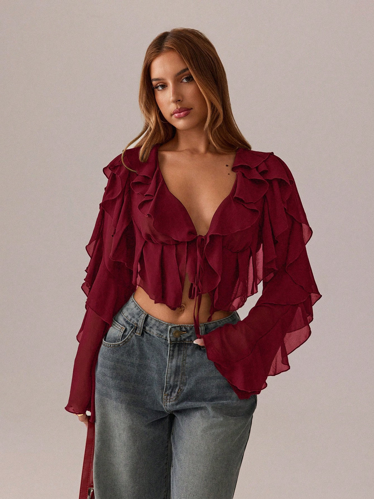 SXY Black Top Summer Women Clothes Crop Tops Holiday Costume Party Date Night Night Out Gathering Mesh See-Through Lotus Leaf Strap Deep V Neck Shirt Sexy