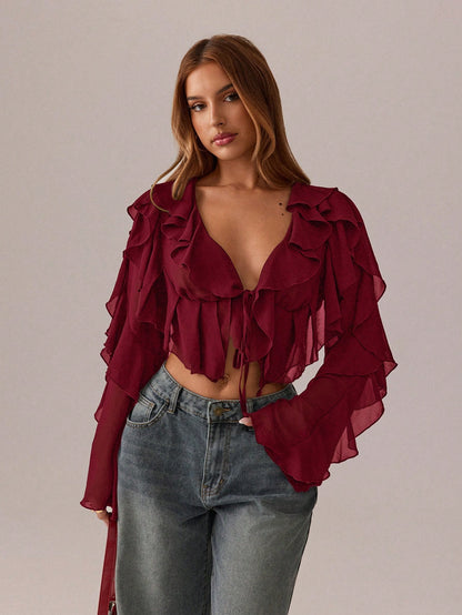 SXY Black Top Summer Women Clothes Crop Tops Holiday Costume Party Date Night Night Out Gathering Mesh See-Through Lotus Leaf Strap Deep V Neck Shirt Sexy