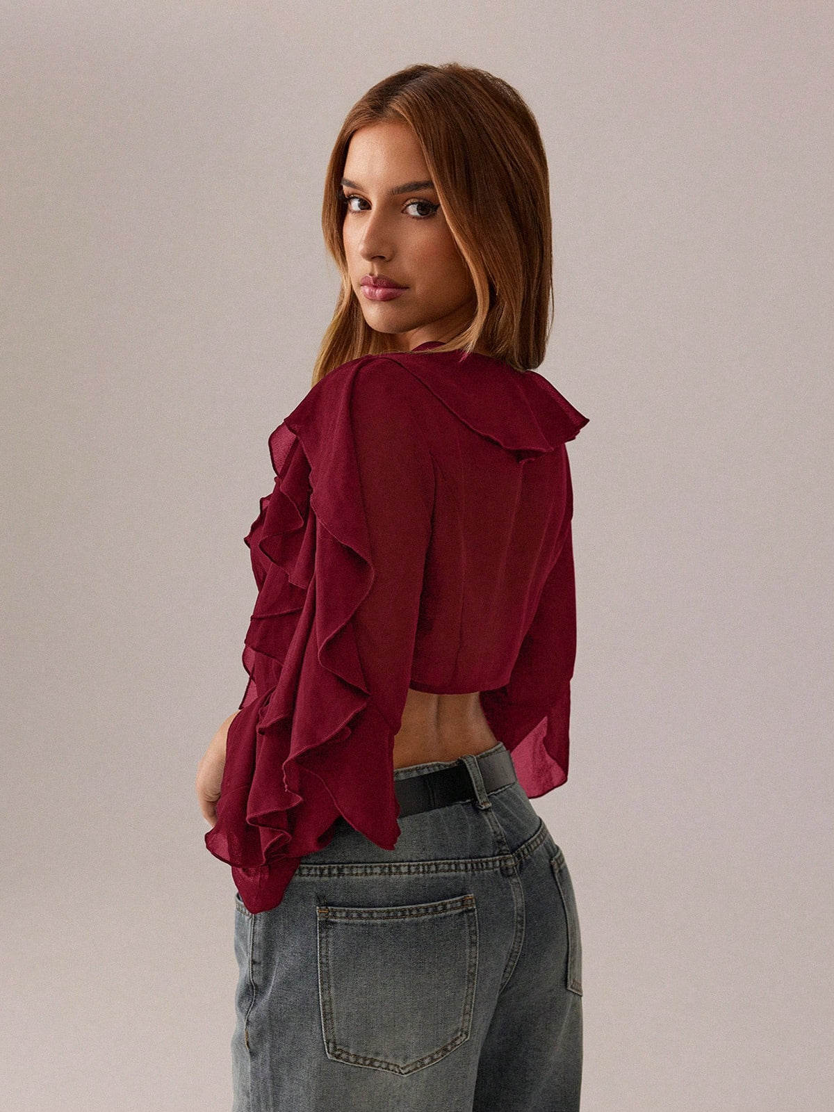 SXY Black Top Summer Women Clothes Crop Tops Holiday Costume Party Date Night Night Out Gathering Mesh See-Through Lotus Leaf Strap Deep V Neck Shirt Sexy