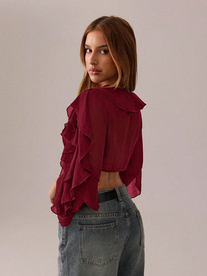 SXY Black Top Summer Women Clothes Crop Tops Holiday Costume Party Date Night Night Out Gathering Mesh See-Through Lotus Leaf Strap Deep V Neck Shirt Sexy