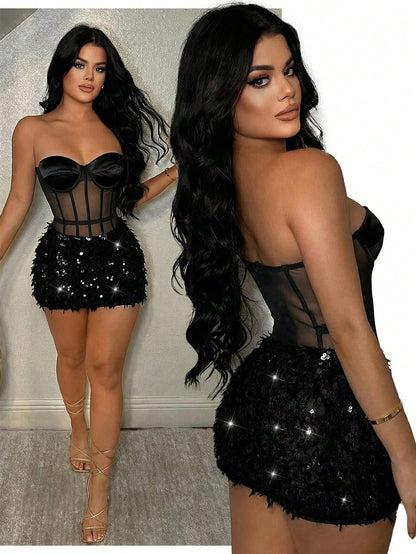 SXY Faux Fur & Leopard Print Sequin Embellished Bandeau Mini Dress,Summer Dresses For Women