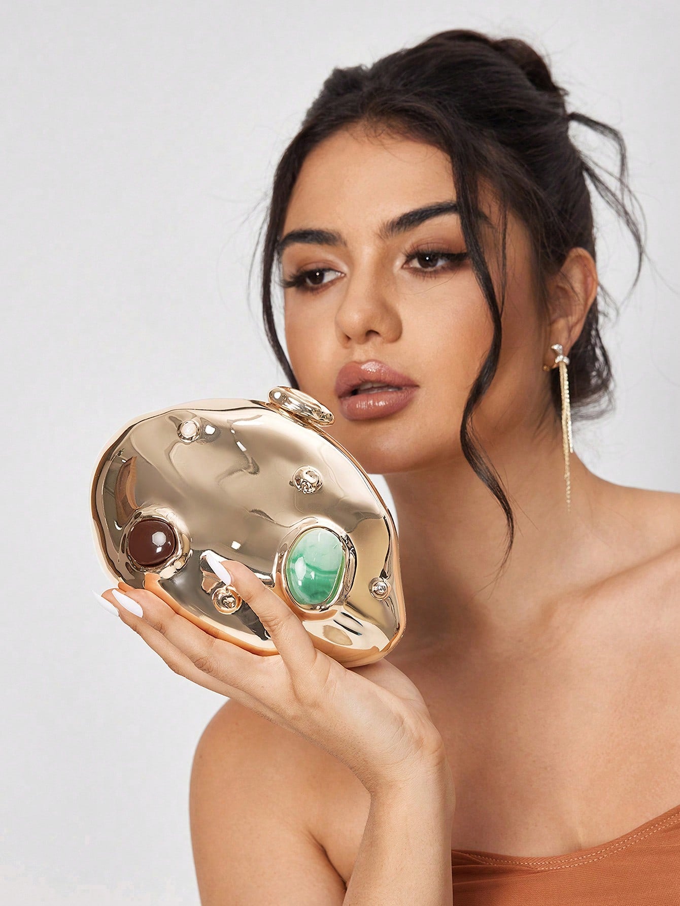 SXY Ladies, Women Evening Bag, Clutch, Crossbody Bas, Colored Stone Inlay, Gold, Hard Box Bag, Fashionable, Luxury, Elegant, Simple, Personalized, Versatile, For Cocktail Party, Party, Prom, Clu