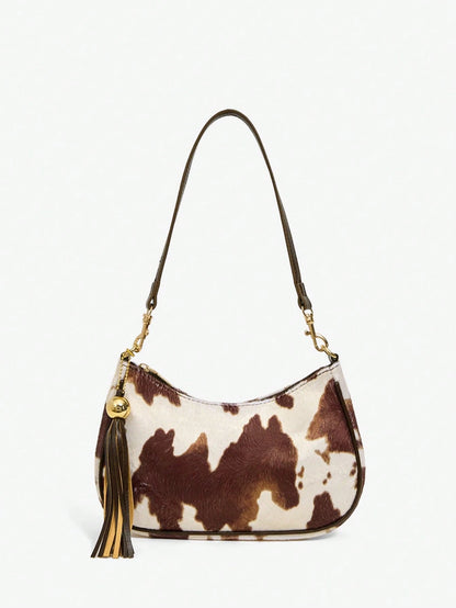 SXY Ladies, Women Shoulder Bag, Hobo Bag, Cow Print, Animal Print, Tassel Decorative Pendant, Retro, Vintage, Fashionable, Elegant, Simple, Personalized, Versatile, Classic, For Commute, Office